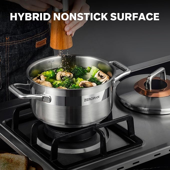 Hybrid Nonstick 3-Quart Stockpot,8 Inch Stainless Steel Stockpot with Lid,Non-stick Soup Pot,PFAS PFOA PTFE Free,Dishwasher-Friendly, Oven-Safe Up to 600째F,Compatible with All Cooktops