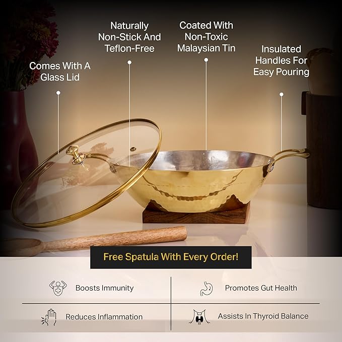 P-TAL Brass Wok With a Lid, Kadhai, Nonstick Wok Pan with a Tin Coating, Non-Toxic Cookware with Ayurvedic Health Benefits, PFOA and PFAS Free (Glass Lid Flat Base)