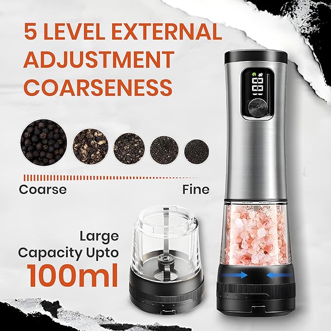 Electric Salt & Pepper Grinder Set ??Automatic Battery Operated Shakers, 5-Level Adjustable Coarseness, Dual Speed, USB Rechargeable, Large Capacity, Ideal Housewarming Gift (Stainless Steel)