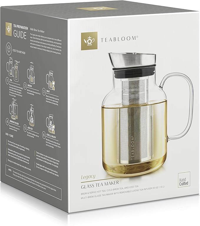 Teabloom 100% Plastic-Free Large Multi-Brew Borosilicate Glass Teapot + Kettle + Pitcher ??Steep and Serve Hot Tea, Iced Tea, Cold Brew Tea and Fruit Infused Water ??Legacy Tea Maker