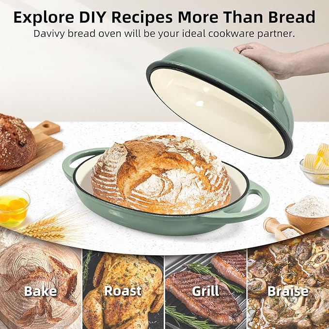 Davivy 6QT Oval Bread Dutch Oven with Silicone Oven Mitts, Enameled Cast Iron Bread Cloche Dutch Oven for Sourdough 6QT, Cast Iron Sourdough Bread Baking Pan with Domed Lid - Sea Salt Green