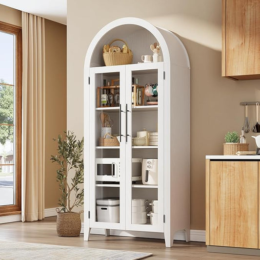 GarveeHome Arched Kitchen Pantry Storage Cabinet - Farmhouse 5 Tier Display Shelf with Adjustable Shelf and 2 Large Glass Doors, Versatile Cupboard for Kitchen, Dining Room, Living Room, White