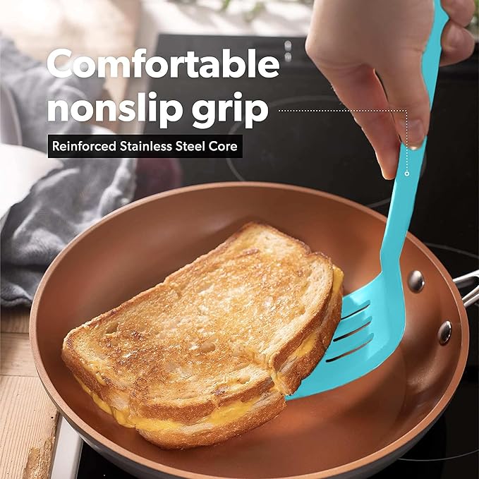 New DI ORO Silicone Turner Spatula Set - Kitchen Spatulas for Nonstick Cookware - Cooking Utensils for Flipping Eggs & Pancakes - 600째F Heat-Resistant BPA Free Turners - Dishwasher Safe (4pc, Teal)