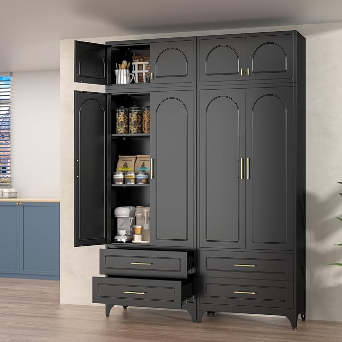 Kitchen Pantry Cabinet with 2 Drawers, 90" Tall Metal Storage Cabinets with Doors and Shelves, Food Cupboards for Dining, Living Room, 16" D x 32" W x 90" H, Black, Assembly Required