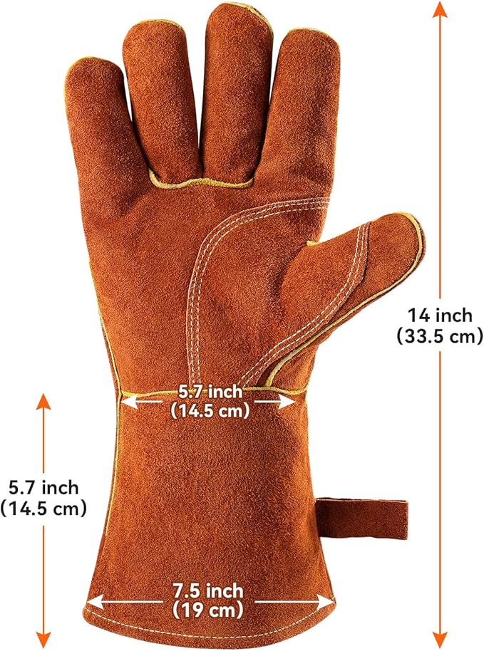 OZERO 932째F Heat Resistant Welding Gloves: 14 inches Cowhide Leather Long Sleeve and Insulated Lining Grill Glove - for Tig Mig Welder Forge Stove Oven Baking Fireplace Barbecue Grilling, Brown