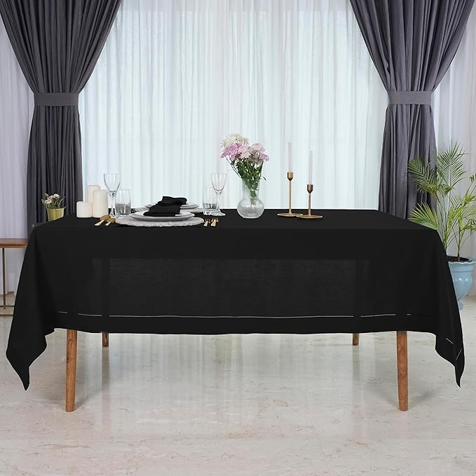 D'Moksha Homes Black Linen Tablecloth 60 x 108 Inch - 100% Pure Linen Black Table Cloth for Rectangle Tables - Classic Hemstitch, Machine Washable Tablecloth for Spring, Easter