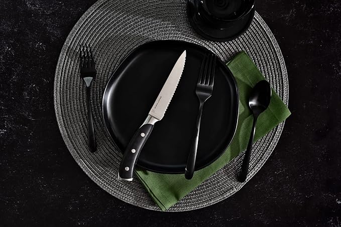 DURA LIVING 8-Piece Serrated Kitchen Steak Knife Set ??Forged High Carbon Stainless Steel, Ultra Sharp, Ergonomic Black Handles, Durable Dinner Knives, Black Handle