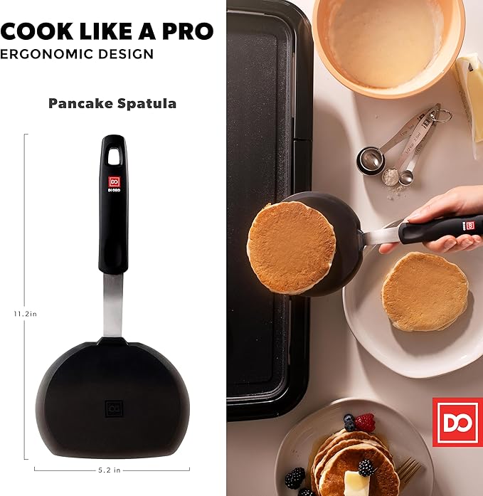 Silicone Turner Pancake Spatula - Nonstick Cookware Safe 600째F Heat-Resistant Flexible & Thin Cooking Flipper for Eggs - Reinforced Stainless Steel Core - BPA Free & Dishwasher Safe by DI ORO