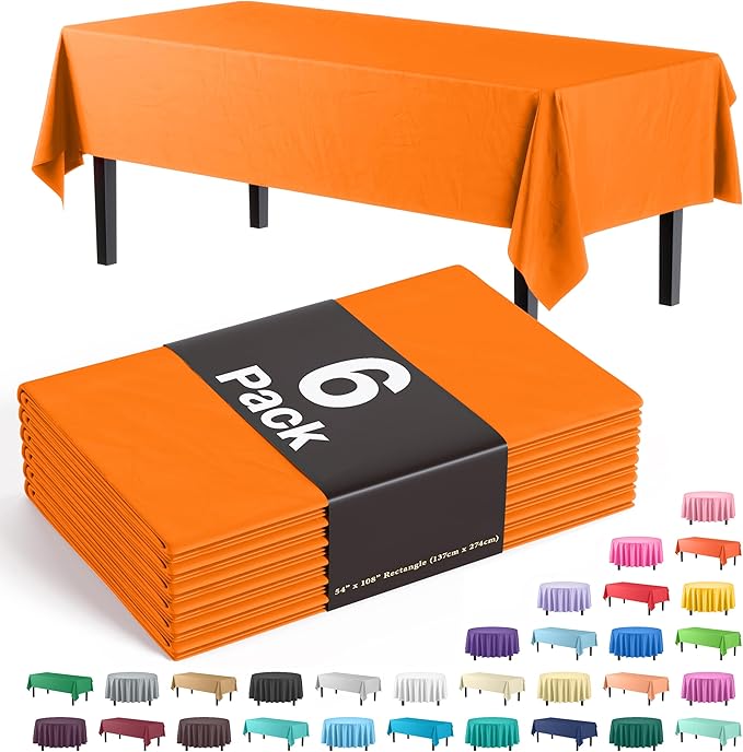 Exquisite Party Solids 6-Pack Premium Plastic Tablecloth 54in. x 108in. Rectangle Plastic Table Cover - Orange