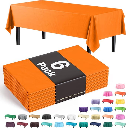 Exquisite Party Solids 6-Pack Premium Plastic Tablecloth 54in. x 108in. Rectangle Plastic Table Cover - Orange