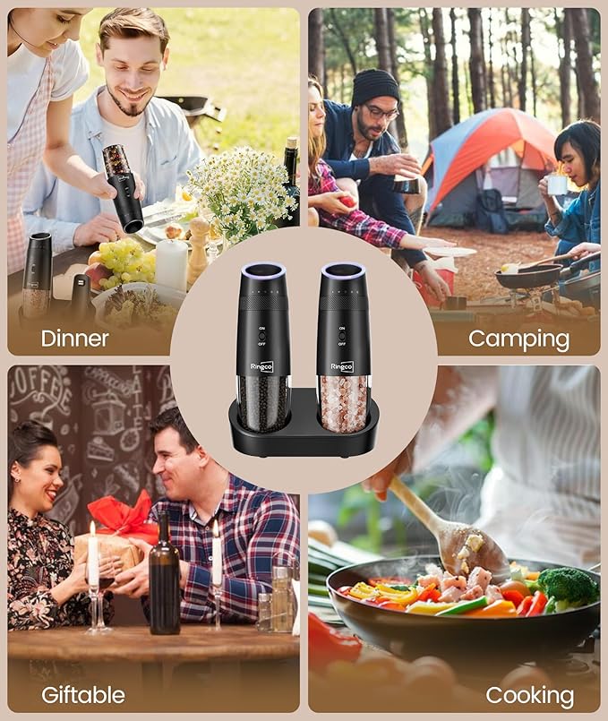 Ringco Gravity Electric Salt and Pepper Grinder Set with Charging Base, Automatic Gravity Salt and Pepper Mill with Adjustable Coarseness, LED Light, 135ml Large Capacity, Christmas Gift