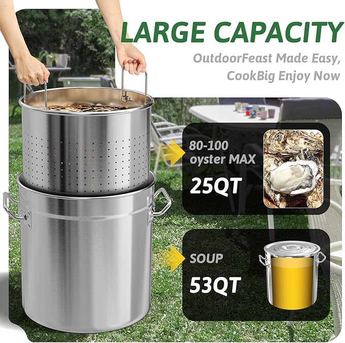 53-Quart Stainless Steel Seafood Boil Pot with Lid,Crab, Lobster, Shrimp Boil Stock with Strainer, Turkey Fryer Pot, Stock Boiler Deep,Fried Cooker for Commercial Outdoors