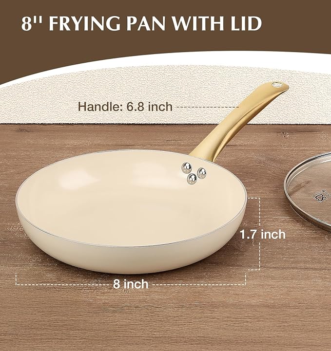 KOCH SYSTEME CS Nonstick Frying Pan with Lid, 8 Inch Non-Stick Skillet with Gold Stay-Cool Stainless Steel Handle, Omelet Pan with Nonstick Ceramic Coating, PFOA Free, Oven Safe, Cream White