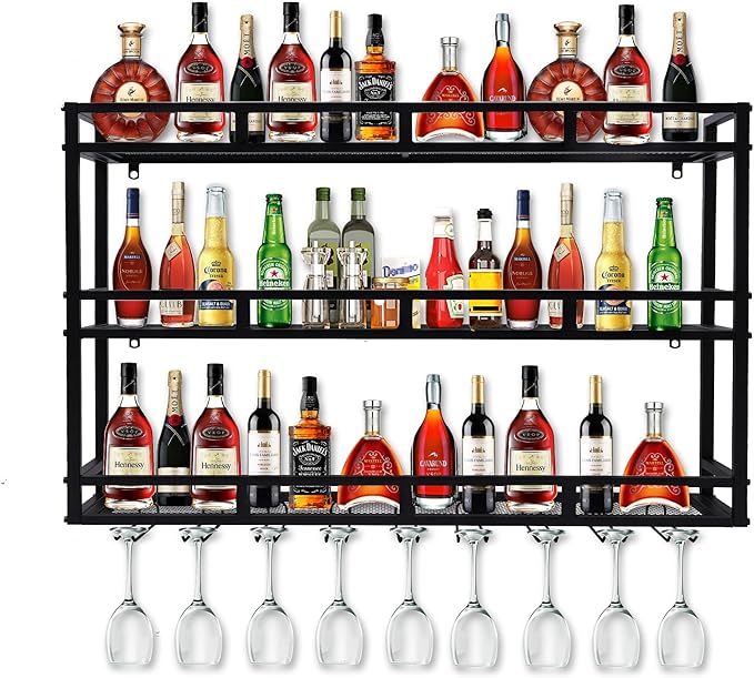 59 Inch Metal Wine Rack Wall Mounted, Bar Shelves for Liquor Bottles with LED Light, 3 Tier Large Capacity Liquor Rack Wall Mounted with Glass Holder for Home Bar & Dining Room, Black