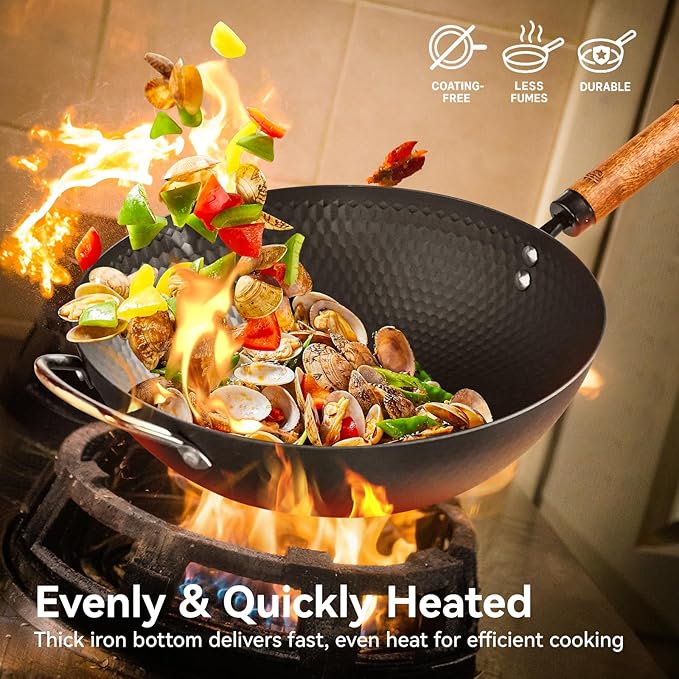 WANGYUANJI 12.6 Inch Iron Wok with Glass Lid and Iron Spatula, Flat Bottom Carbon Steel Wok Pan with Helper Handle, Non-Coated Stir Fry Pan for Induction, Gas and Electric Stoves