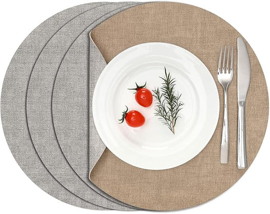 Myir JUN Reversible Vinyl Round Placemats Set of 4, Faux Leather Place Mats Dual Sided Waterproof Oilproof Wipeable, Heat-Resistant Table Mats for Kitchen Dining Indoor Outdoor (14", Light Gray Beige)