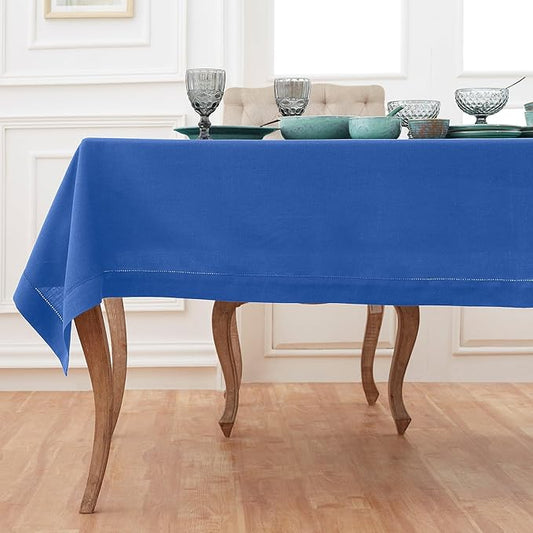 Solino Home Linen Square Tablecloth 52 x 52 Inch - 100% Pure Linen Royal Blue Table Throw - Classic Hemstitch, Machine Washable Table Cloth for Spring