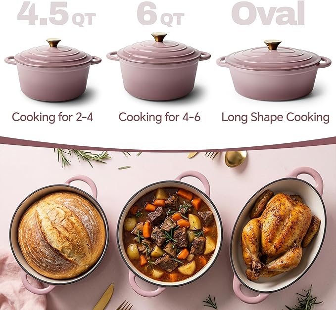 Vintage Style 6 Quart Dutch Oven Pot with Lid, Non Stick Enameled Cast Iron Dutch Oven for Bread Baking, Heavy-Duty, Oven Safe Ceramic Cookware Up to 500째F for Baking, Braising, Stews, Roasting, Pink