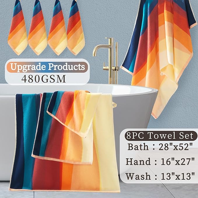 VOOVA & MOVAS Colorful Towels for Bathroom Cotton | 480GSM | Soft | Absorbent, 8PCS Patterned Towels Set, 2 Bath 28"x52", 2 Hand 16"x27", 4 Washcloths 13"x13", Decorative Towels Set, Red/Orange