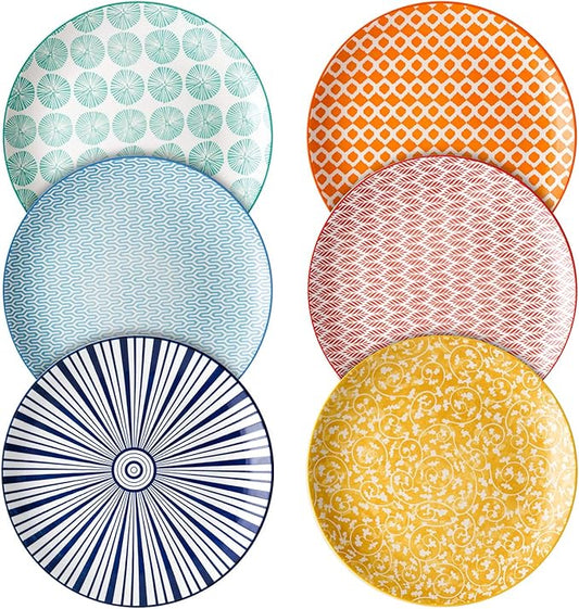 Selamica 8 inch Porcelain Dinner Plates, Large Size Serving Plate for Salad, Pancakes, Steak, Set of 6, Assorted Colors