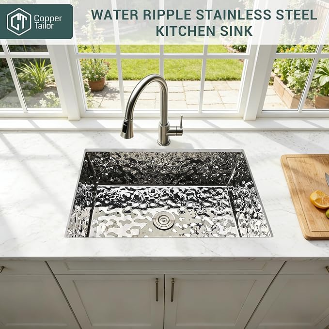 CT Copper Tailor 36"x 21.25" x 10" Water Ripple Stainless Steel Kitchen Sink,14 Gauge Thick, Undermount Deep Single Bowl Workstation Sink with Basket Strainer