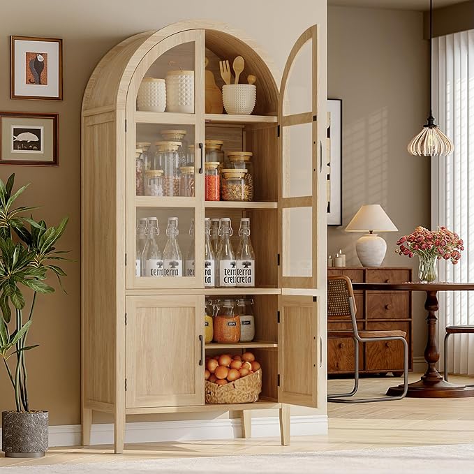 ONBRILL 71" Tall Arched Cabinet, 5-Tier Arched Kitchen Pantry with Glass Doors & Shelves, Modern Display Storage Cabinets with Adjustable Feet, Wooden Pantry Cabinet for Living Room, Dining Room