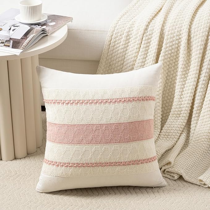 Fancy Homi Set of 2 Boho Pink Decorative Throw Pillow Cover 18x18 Inch for Couch Bed Sofa, Aesthetic Modern Organic Farmhouse Home Decor, Soft Cotton Cute Accent Macrame Woven Cushion Case