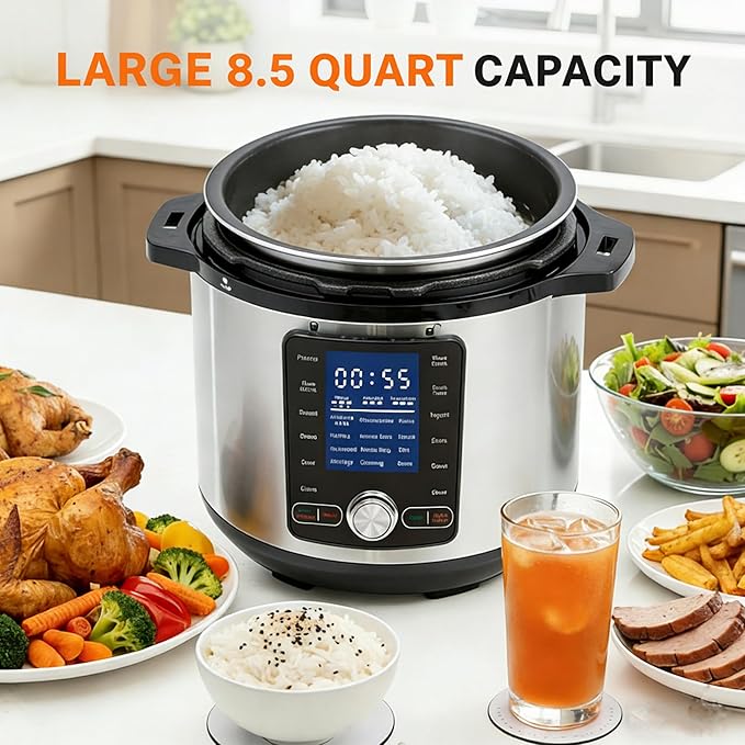 Simple Deluxe Electric Pressure Cooker 8.5 Quart, 24-in-1 Stainless Steel & Non-Stick Multi Cooker for Slow Cooking, Yogurt, Steam, Rice, Poultry, Beef, Bake, Porridge, Dishwasher Safe, Silver