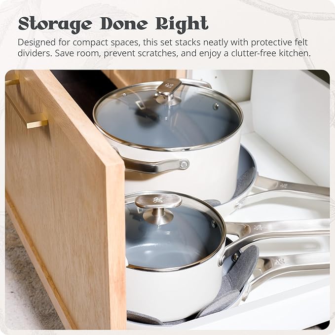Premium Non-Toxic Ceramic Cookware Set ??Triple-Layer Nonstick 12 Piece Pots and Pans with Lids, PFAS-Free, Oven Safe for Healthy Meals, Space-Saving Design, Birch White Color | Greater Goods