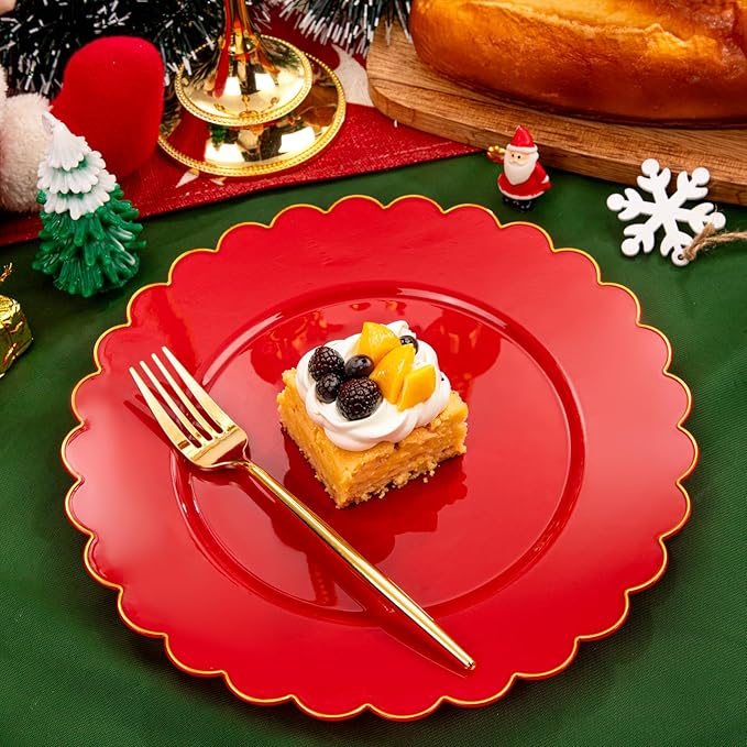 SUT 72 Pcs Red Christmas Plates Disposable, Red Plastic Plates With Gold Trim, 10.25 Inch red Dinner Plates, Fancy Plastic plates, plates Disposable Heavy Duty for Wedding, Parties, Christmas