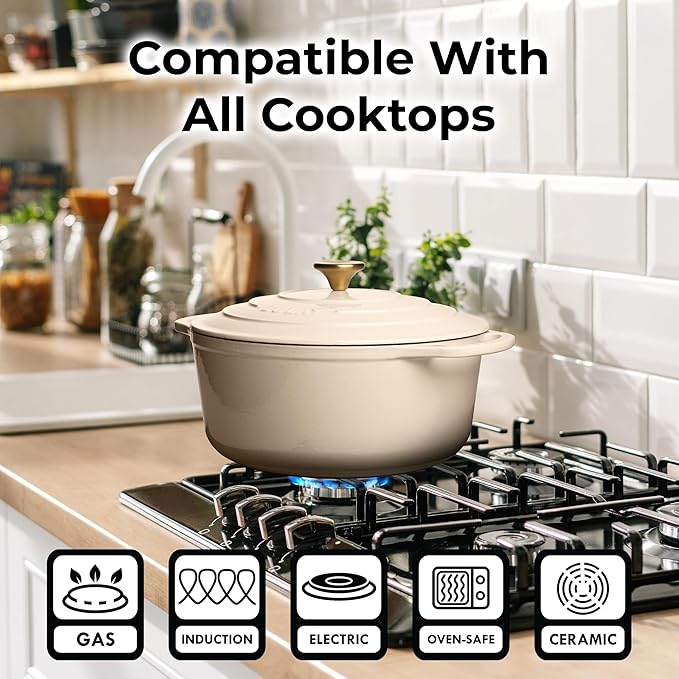 Zulay Kitchen 6 Quart Enameled Cast Iron Dutch Oven Pot with Lid ??Premium Durability & Oven Safe up to 500째F ??Heavy Duty Cookware Perfect for Bread Baking, Stews, Braising & Roasting ??Ivory