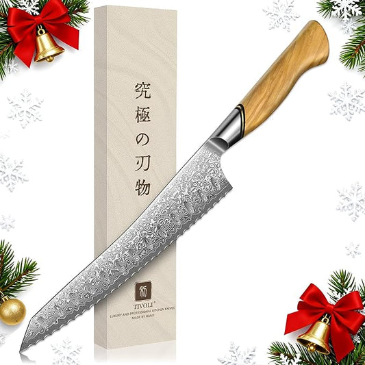 TIVOLI Bread Knife ??Damascus VG-10 Serrated Knife with Razor Sharp Edge for Homemade Bread, Sourdough & Cake ??Ergonomic Olive Wood Handle, Gift Box for Baking & Wedding Gifts