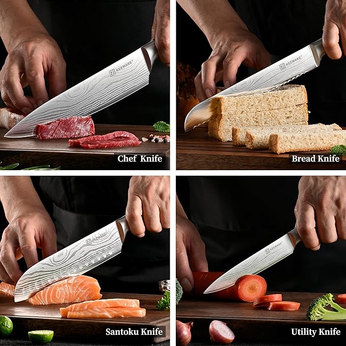 KEEMAKE Knife Set 5 Pieces, Professional Kitchen Knife Set, High Carbon Stainless Steel Chef Knife Set, Ultra Sharp Blade Knives Set for Kitchen with Ergonomic Pakkawood Handle & Gift Box