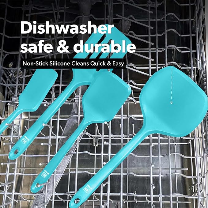 New DI ORO Silicone Turner Spatula Set - Kitchen Spatulas for Nonstick Cookware - Cooking Utensils for Flipping Eggs & Pancakes - 600째F Heat-Resistant BPA Free Turners - Dishwasher Safe (4pc, Teal)
