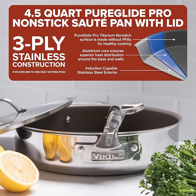 Viking PureGlide Pro 3-Ply Nonstick Saut챕 Pan with Lid, Made without PFAS, 4.5-Quart Induction Deep Frying Pan with Helper Handle, Metal Utensil Safe Titanium Nonstick Surface, Oven Safe to 600F