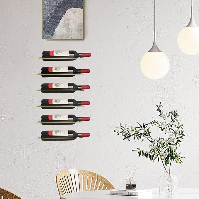 Wine Rack Wall Mounted, Black Metal Iron Hanging Wine Bottle Holder, Wall Display Rack for Standard Wine Bottles, Rustic Wine Storage for Kitchen and Home D챕cor, Set of 6 (Gold)