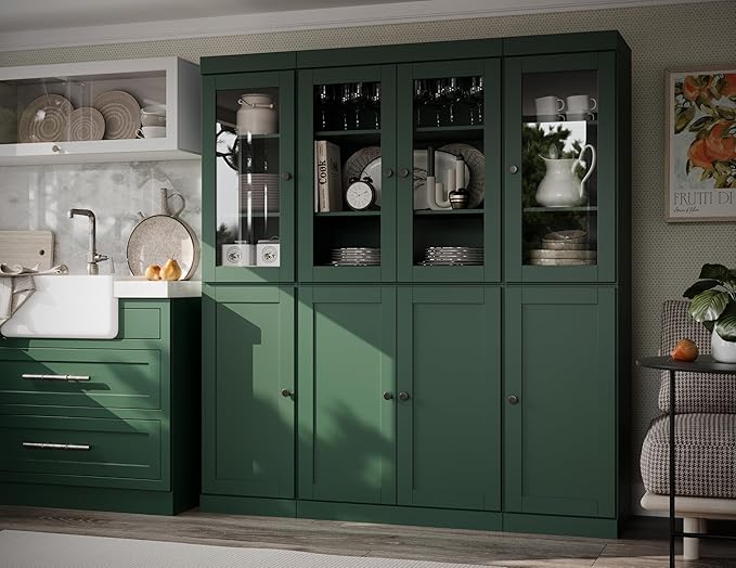 Palace Imports 100% Solid Wood Kitchen China Pantry Cabinet, 65" W - 4 Clear Glass & 4 Shaker Doors, Renewable Eco-Friendly Wood, Made in Brazil (Green, 8 China/Shaker Doors | 2 Drawers)