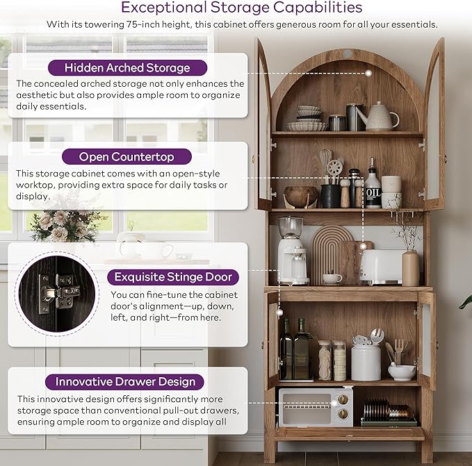 TYBOATLE 75'' Tall Arched Pantry Cabinet w/Accessible Storage Area, China Cabinet w/Anti-Tipping Device and Innovative Drawer, Versatile Cupboard for Kitchen, Dining (Natural)