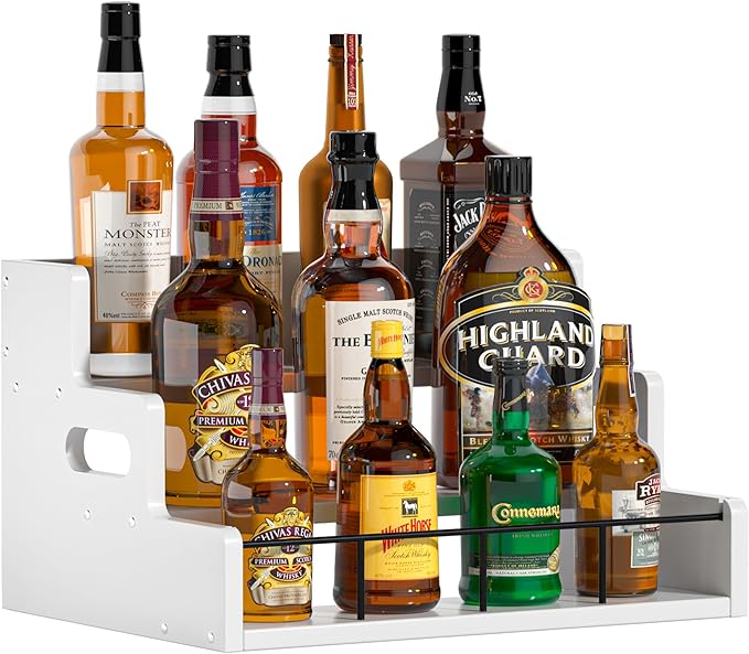Liquor Bottle Display Shelf,Wood Syrup Organizer Rack,3 Step Countertop Organizer Wine Rack,Rustic Coffee Station Accessories for Syrup (White)