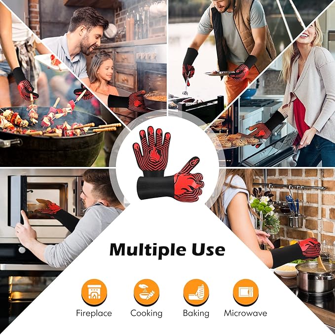 BBQ Gloves, 1472째F Heat Resistant Gloves Fireproof Mitts, Grilling Gloves Silicone Non-Slip Washable Oven Glove, Kitchen Glove for Barbecue, Grilling, Cooking, Baking, Camping, Smoker (Red)