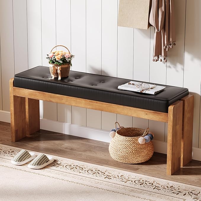 TRIBEWOOD 47-Inch Solid Wood Entryway Bench, Modern End of Bed Bench with Button-Tufted Leather Pad and Wooden Legs, for Living Room, Bedroom, Kitchen, Hallway, Black & Brown
