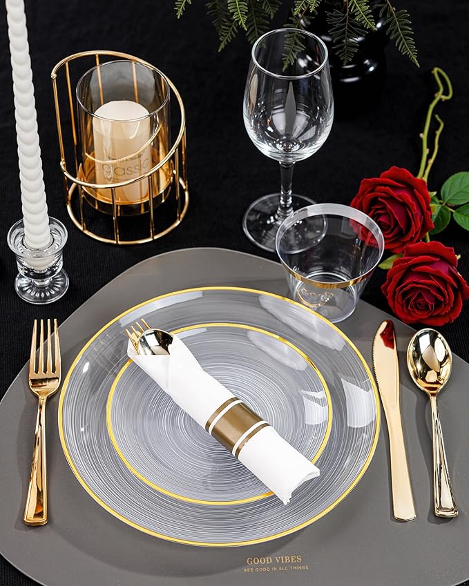 Morejoy 175PCS Clear Gold Plastic Plates - Disposable Gold Party Plates & Pre Rolled Napkins with Cutlery for 25 Guests, 50Plates, 75Silverware, 25Cups, 25Napkin for Party & Thanksgiving