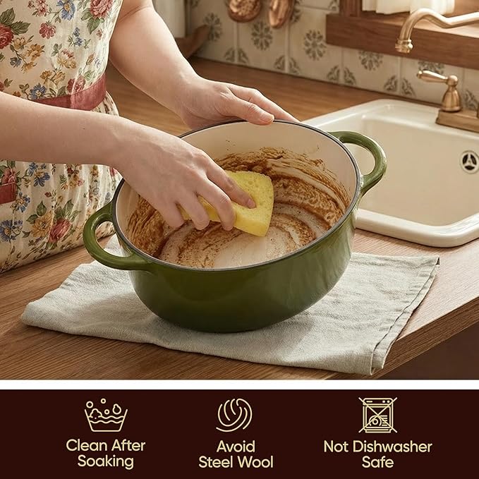 Vintage Style Oval Dutch Oven for Bread Baking, 4.5 Quart Non Stick Enameled Cast Iron Dutch Oven Pot with Lid, Oven Safe Oval Casserole with Lid up to 500째F for Baking, Braising, Stews, Roasting, Golden Green
