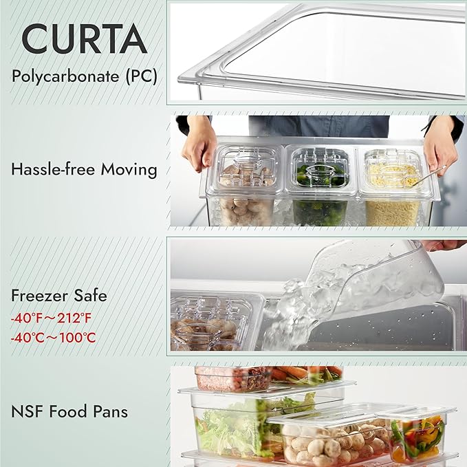 CURTA Commercial Spice Rack Set, NSF Certified, Polycarbonate Inclined Organizer Shelf with 3 1/6 6" Pan(9.6 Cup) & 3 Ladles, Countertop Holder for Seasoning Topping, Freezer Safe