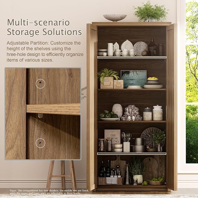 Yechen 67" Tall Kitchen Pantry Cabinet,Rattan Storage Cabinet with Solid Wood Integrated Handleand Adjustable Shelves, Cupboard with Doors for Livingroom, Dining Room, Natural Walnut (2 Piece)