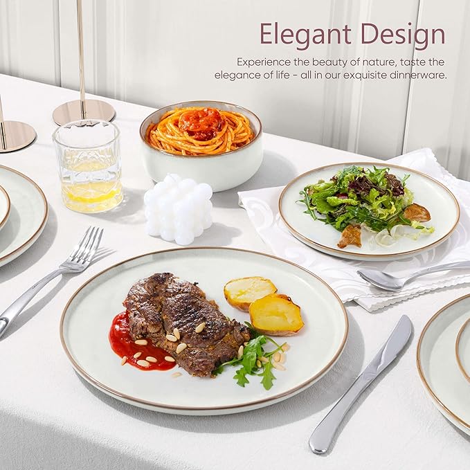 Herogo Plates and Bowls Sets for 4, 12 Pieces Stoneware Dinnerware Sets, Double Reactive Glaze, Microwave & Dishwasher Safe, Scratch Resistant, Ivory White