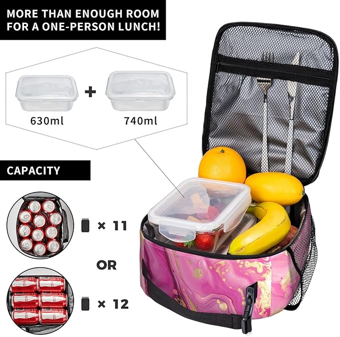 VANZEV Insulated Lunch Box for Women Men, Art Pink Marble Theme Lunch Box Reusable Portable Lunch Bag Cooler Tote Waterproof Lunch Container for Office Picnic Work Travel