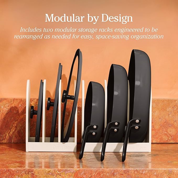 Our Place 8-Piece Essentials Complete Cookware Set - Ceramic Fry Pan Trio & Modular Rack Storage | Nontoxic Thermakind??Nonstick, Oven Safe up to 450째F & Compatible with All Cooktops | Char