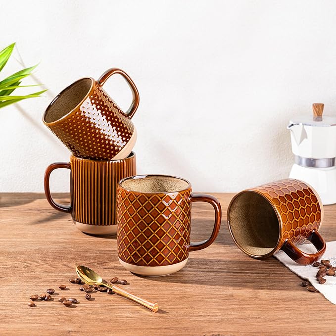 GBhome Large Coffee Mugs Set of 4, 12oz Handmade Stoneware Coffee Mugs Set with Large Handle for Cappuccino/Latte/Tea/Hot Cocoa, Dishwasher & Microwave Safe, Caramel