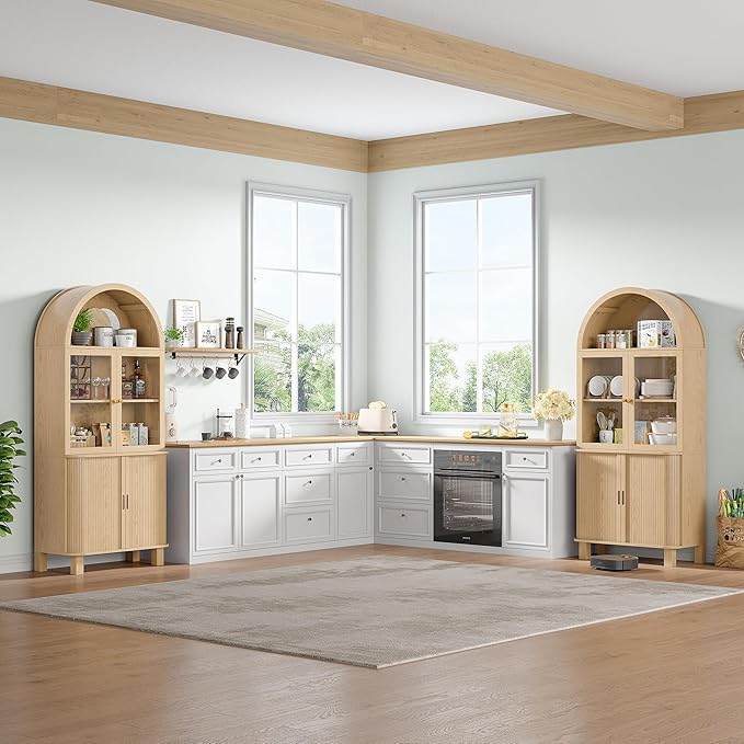69" Tall Kitchen Pantry Storage Cabinet with Sliding Door, Modern Curved Edge Pantry Storage Cabinet with Glass Door & Adjustable Shelves, Oak Cupboard for Kitchen, Dining Room, Living Room, Office